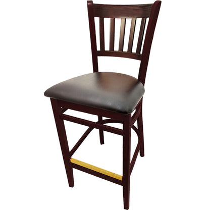 Vertical back barstool with mahogany frame and espresso vinyl seat