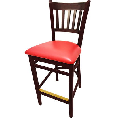Vertical back barstool with mahogany frame and red vinyl seat