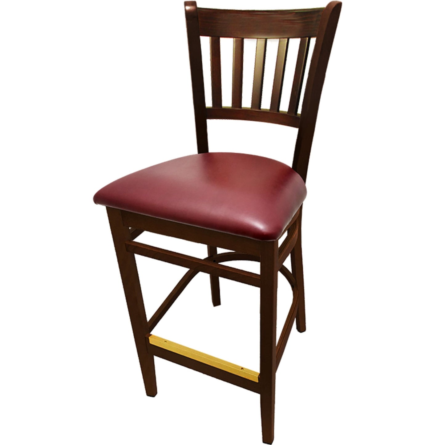 Vertical back barstool with walnut frame and wine vinyl seat