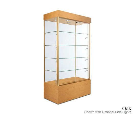 Front view of Euro Raised Wall Display Case with tempered glass construction, adjustable glass shelves, sliding glass doors, and LED top lighting.