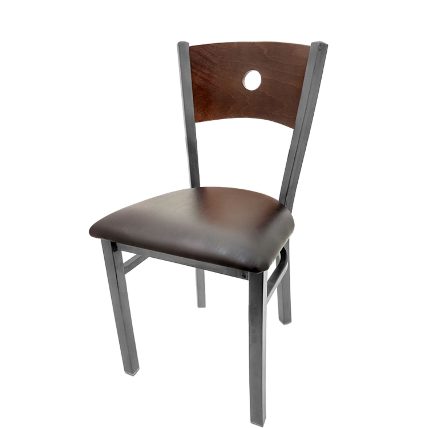 Dining chair with walnut wood back and espresso vinyl seat.