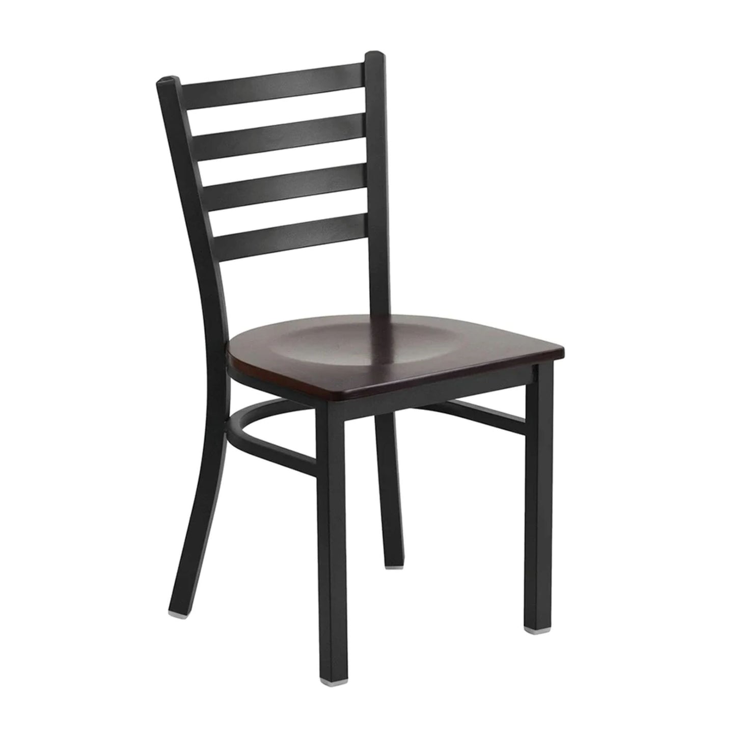 Ladder-back restaurant chair with walnut wood seat and black powder-coated steel frame, front view.