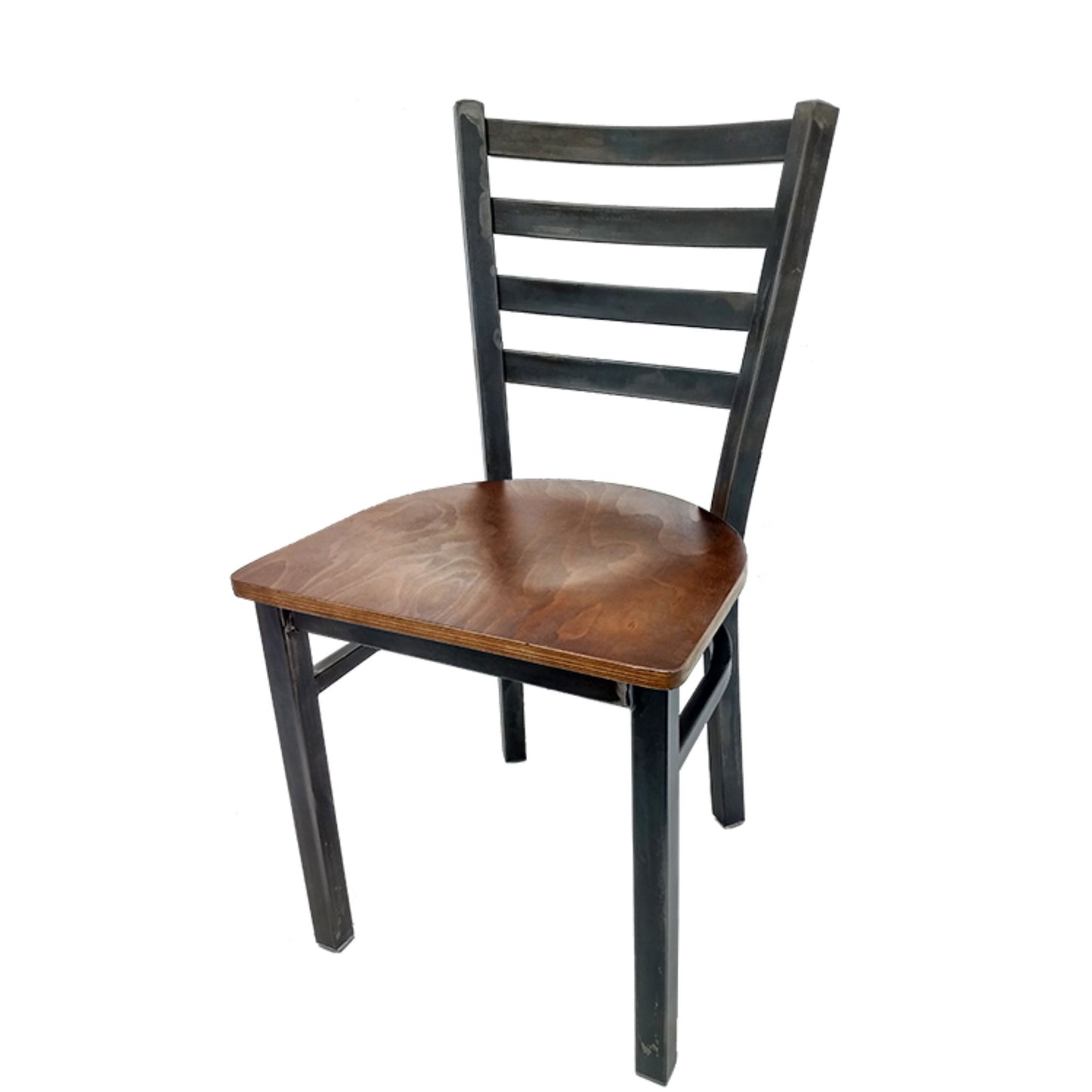 Rustic ladderback metal dining chair with clear coat steel frame and walnut stain solid wood seat.