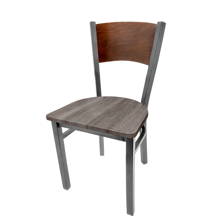 Dining chair with walnut stain seat back and barnwood wood seat
