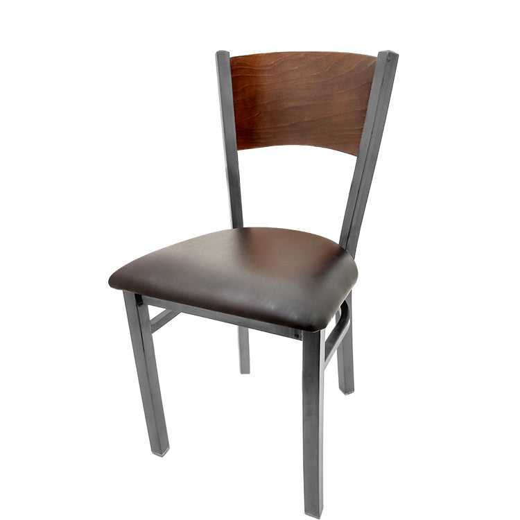 Dining chair with walnut stain seat back and espresso vinyl seat.
