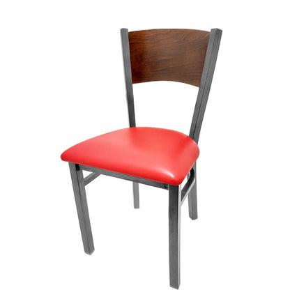 Dining chair with walnut stain seat back and red vinyl seat.