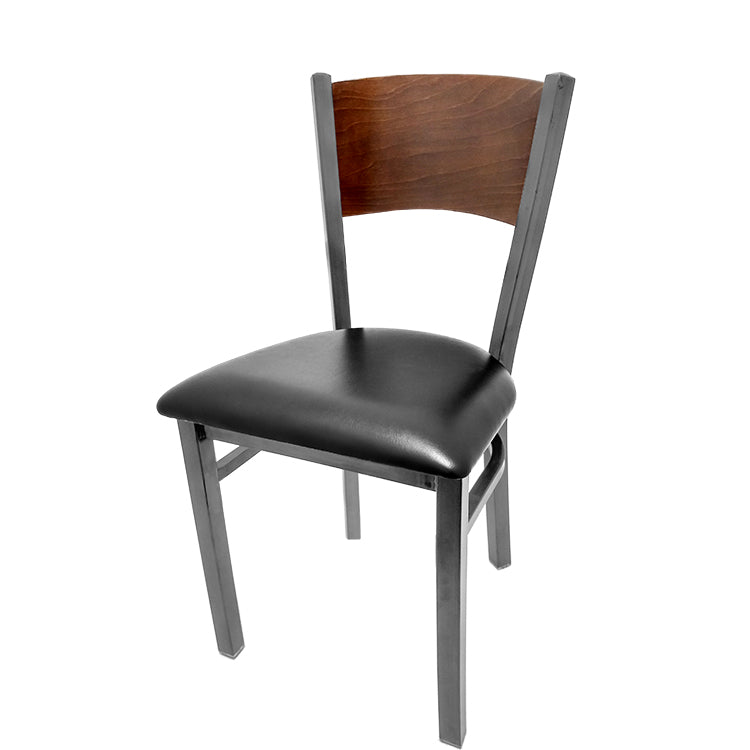 Dining chair with walnut stain seat back and black vinyl seat.