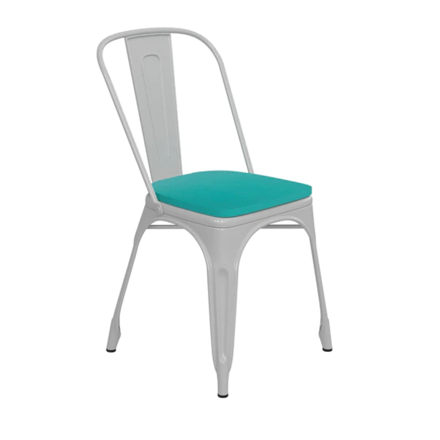 White metal indoor–outdoor stackable chair with mint green polystyrene seat and ventilated bistro design