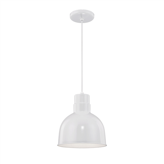 White industrial cone pendant lamp with aluminum shade and downward-focused light, suspended by a cord for use in restaurants or bars.