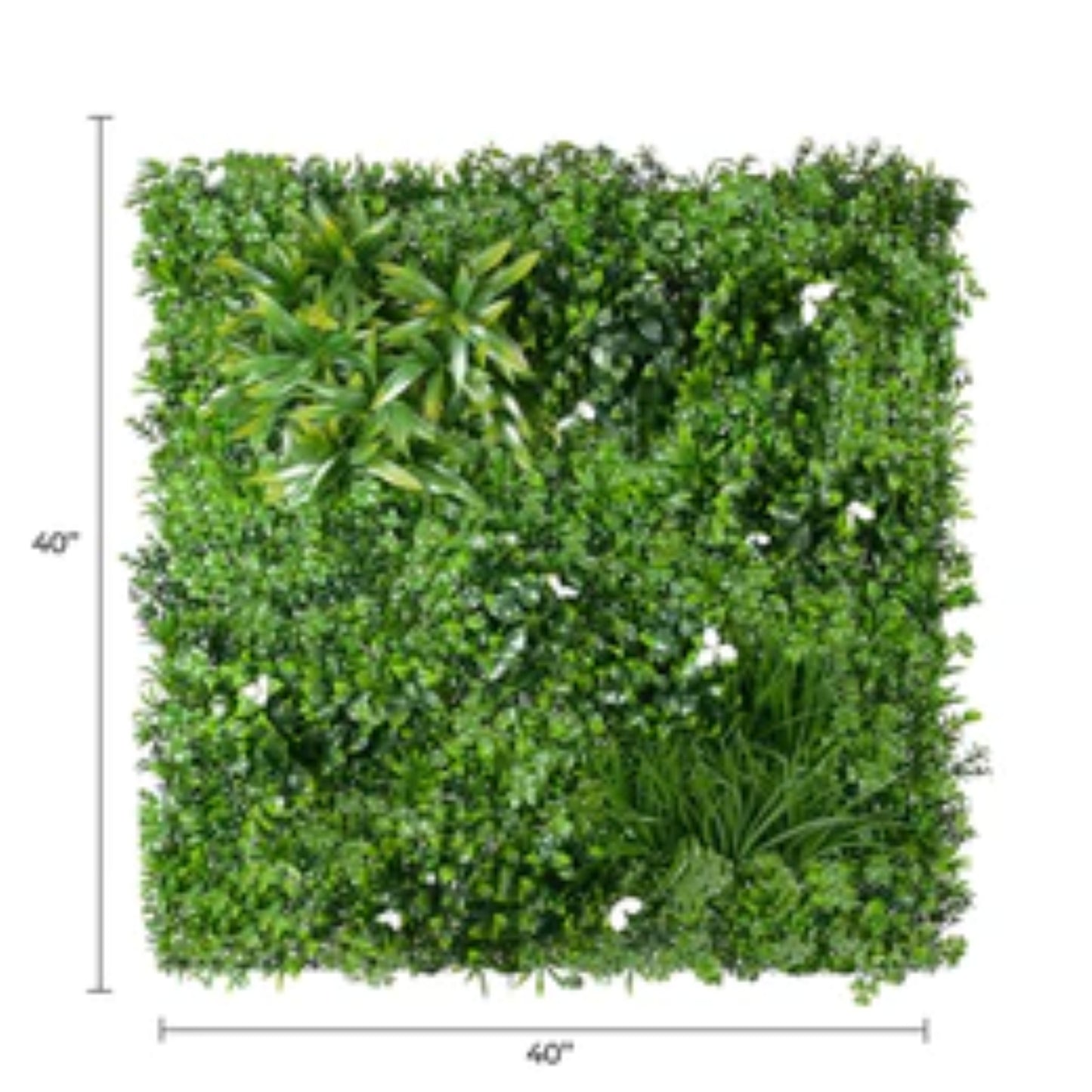 UV-resistant commercial white-accent artificial greenery panel with dimensions