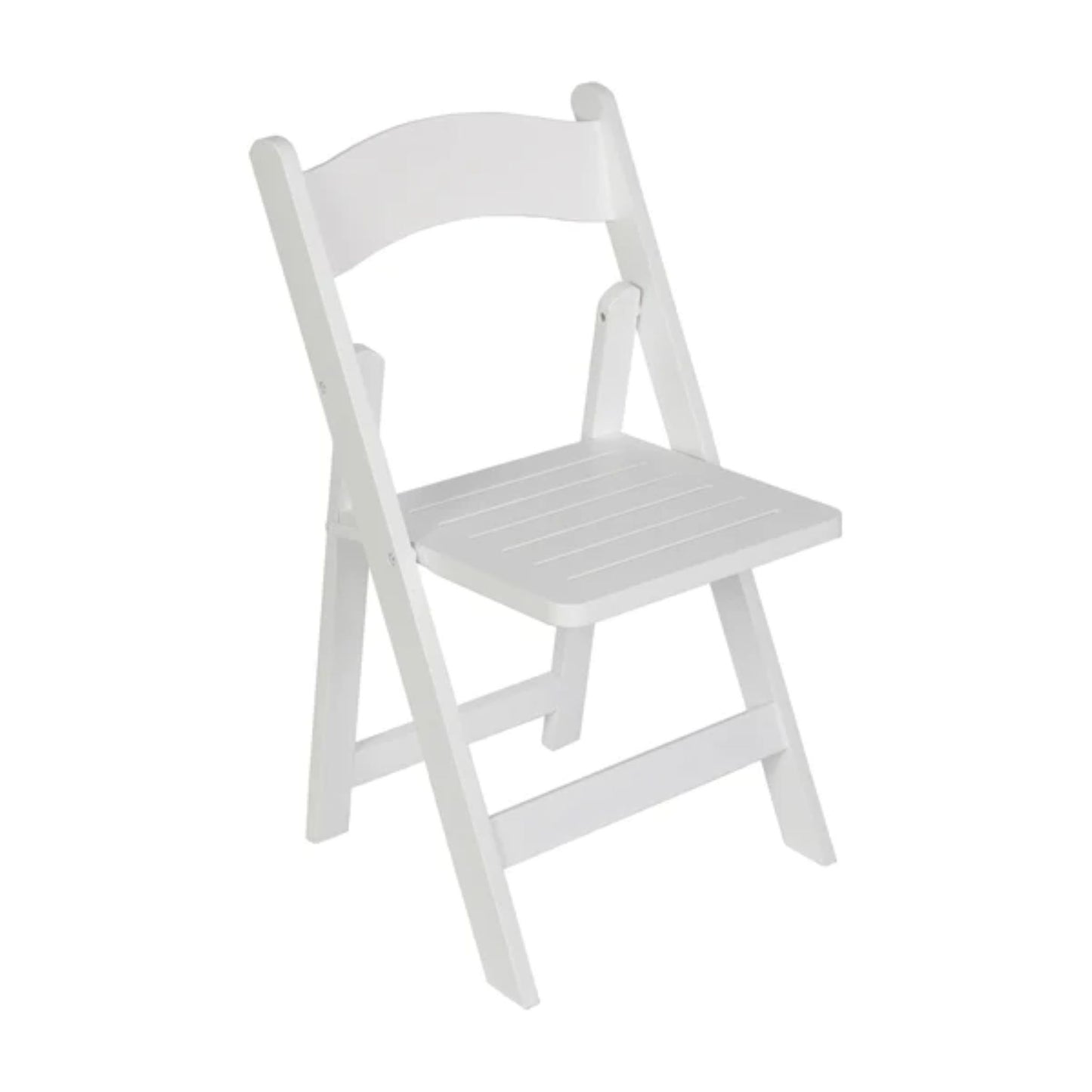 Solid wood folding dining chair in white finish with curved back and beechwood frame.