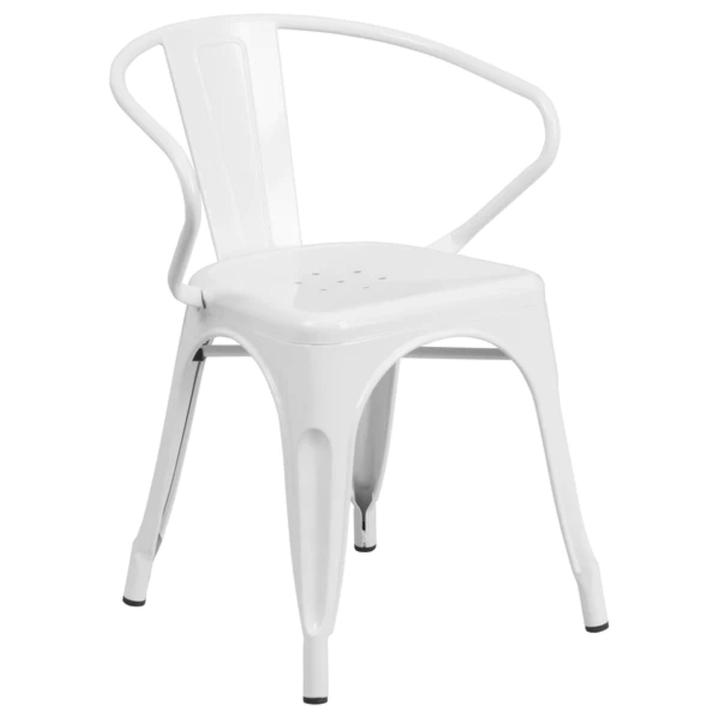 White metal indoor-outdoor arm chair with vertical slat back and lightweight stackable frame.