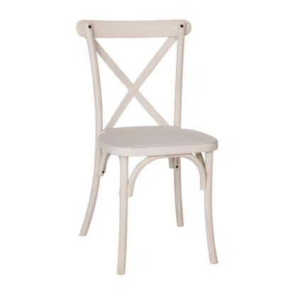 Front view of white resin X-back chair showing contoured seat and classic farmhouse backrest.