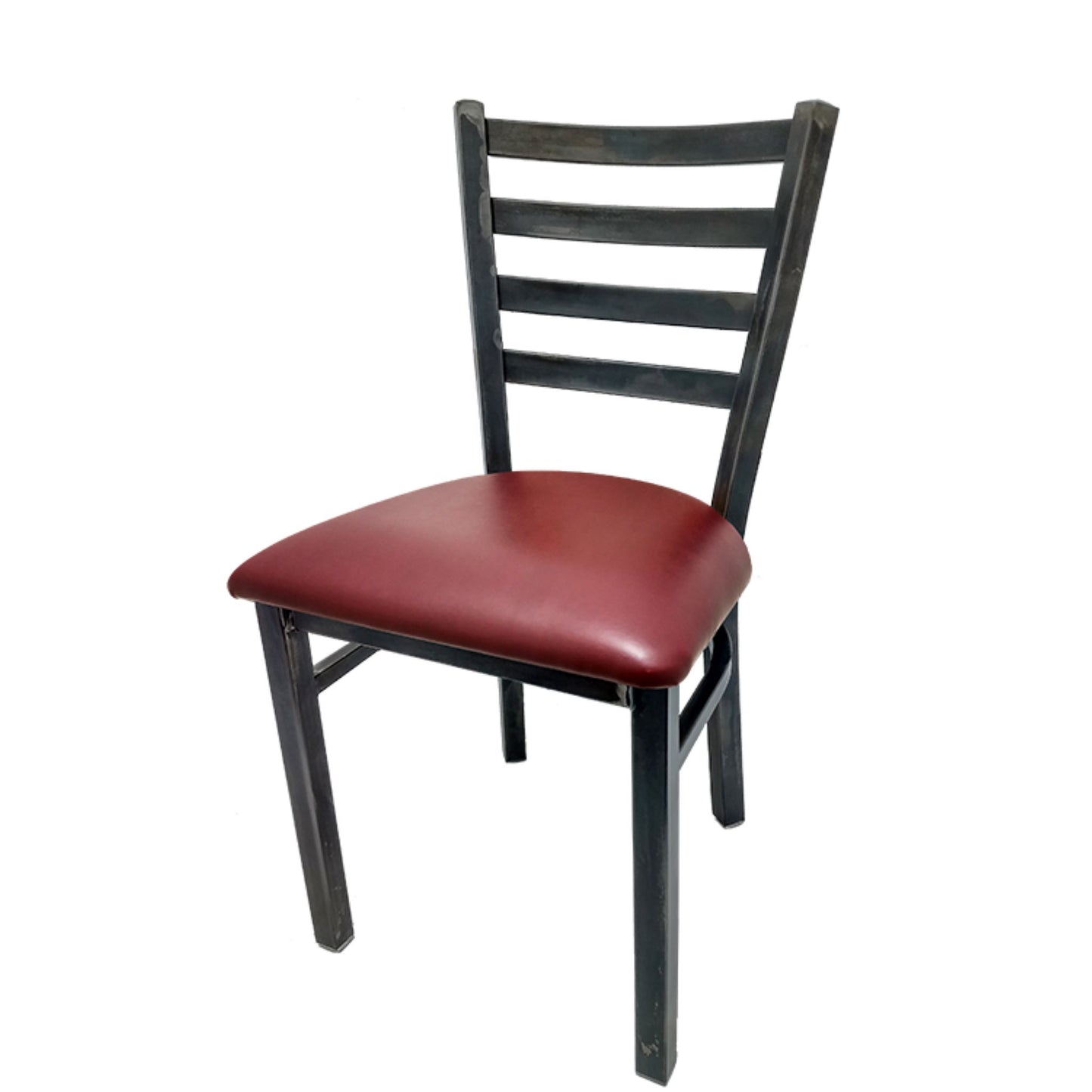 Rustic ladderback metal dining chair with clear coat metal frame and wine vinyl seat.