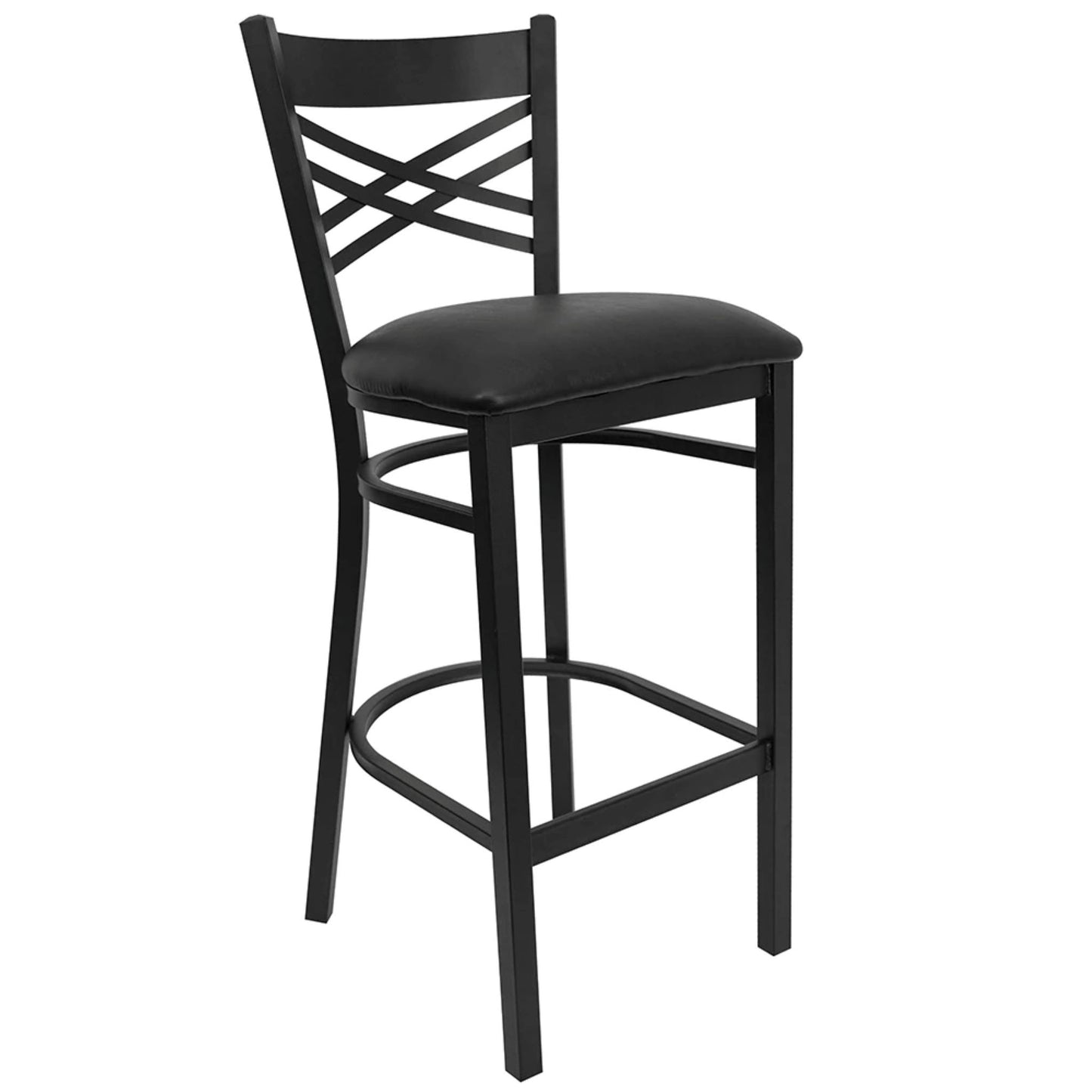 Commercial cross-back bar stool with black powder-coated frame and cushioned vinyl seat