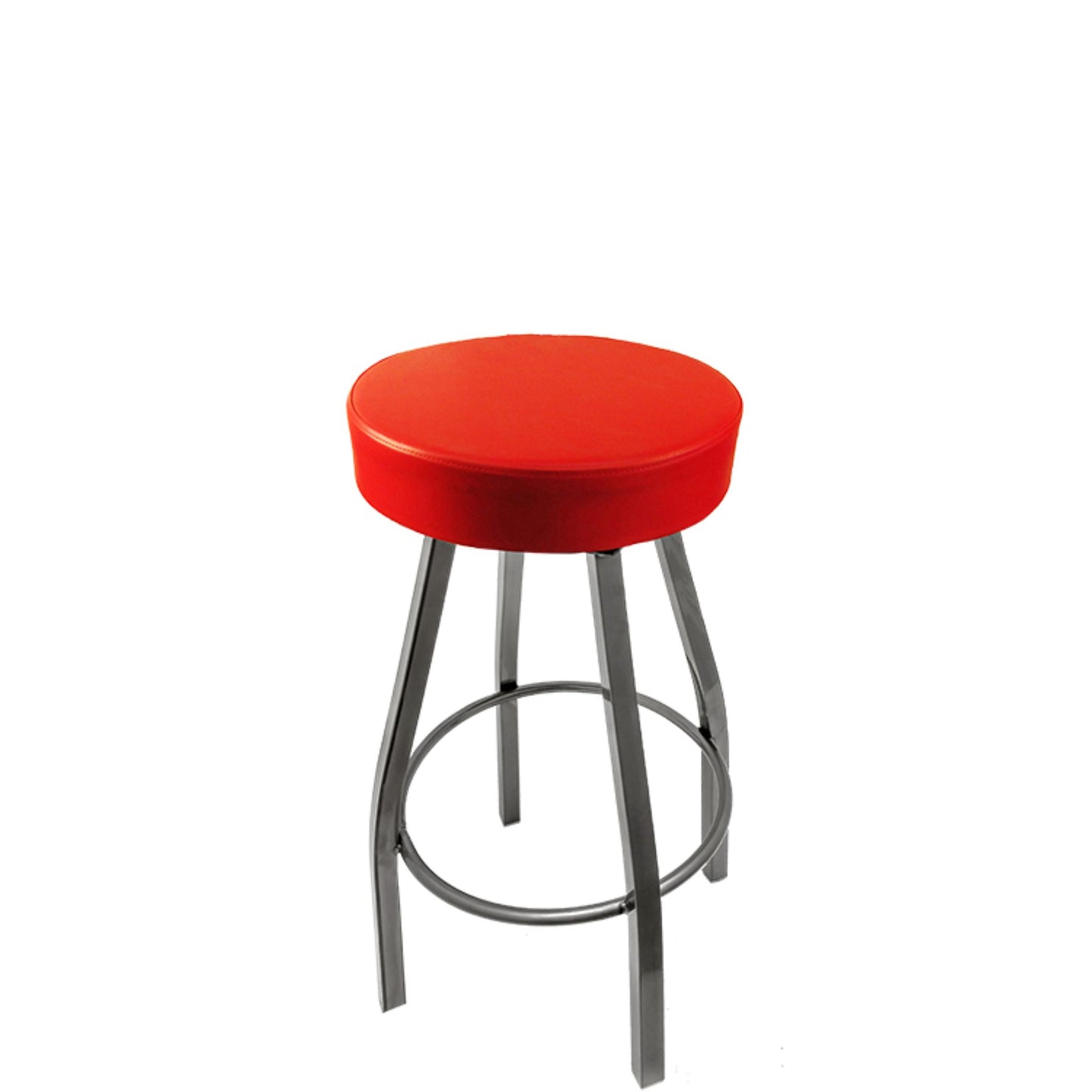 XL button top barstool with clear coat swivel frame and red vinyl seat