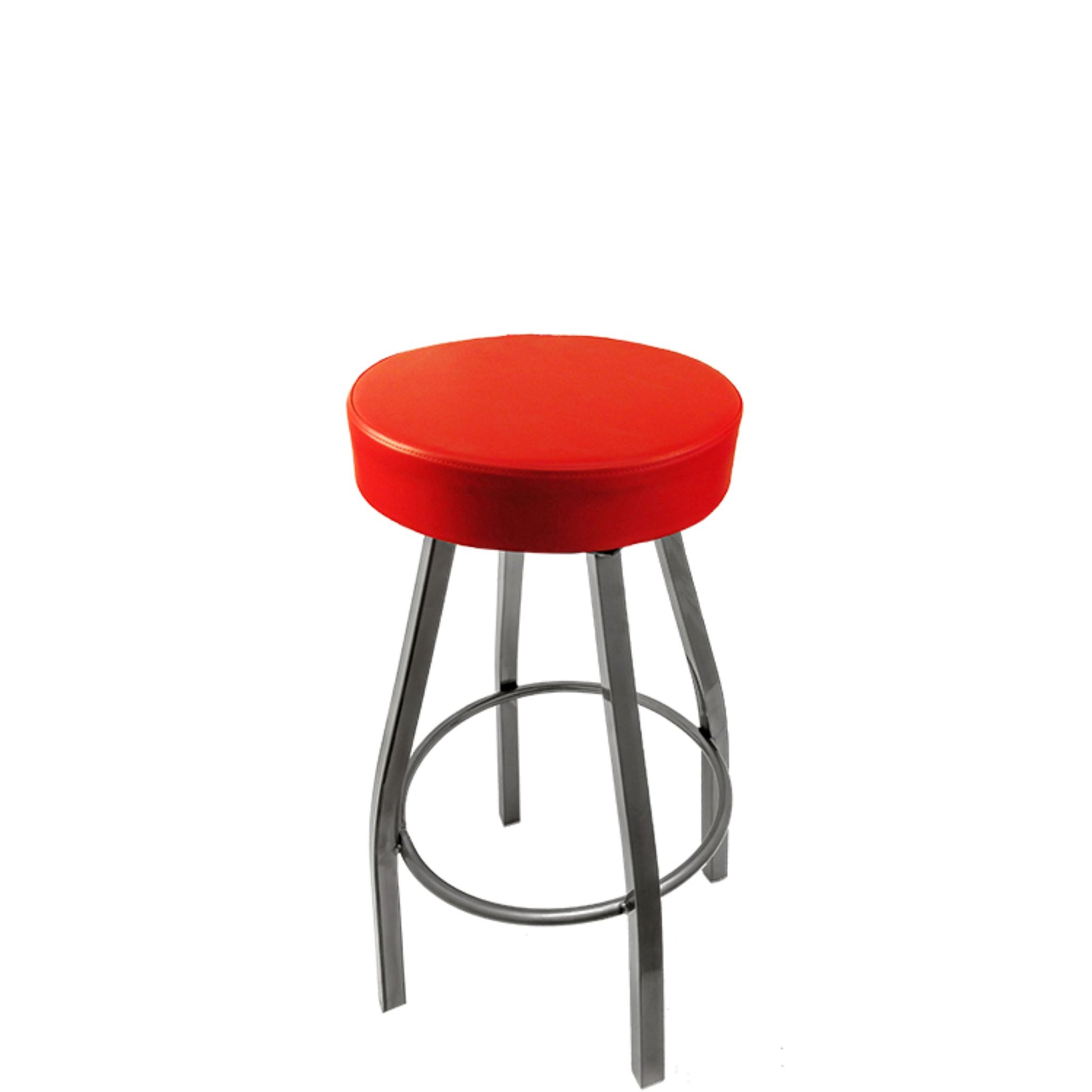 XL button top barstool with clear coat swivel frame and red vinyl seat