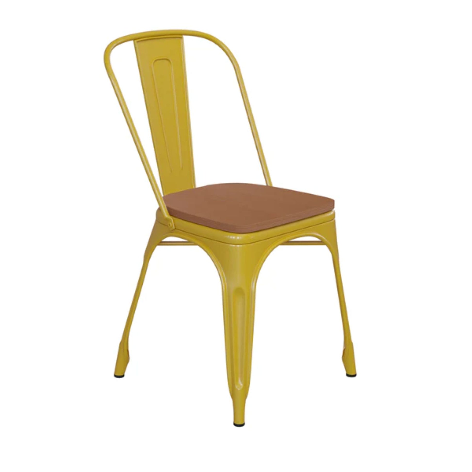 Yellow and teak indoor–outdoor metal stackable chair with all-weather polystyrene seat and powder-coated frame.