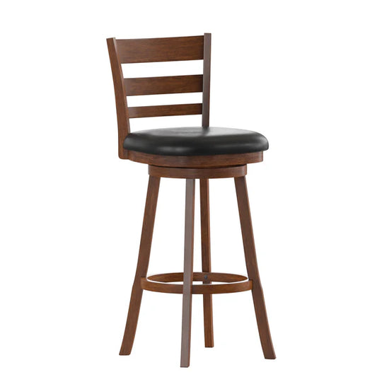 Zerrick wooden ladderback swivel barstool with black padded LeatherSoft upholstered seat and antique oak finish
