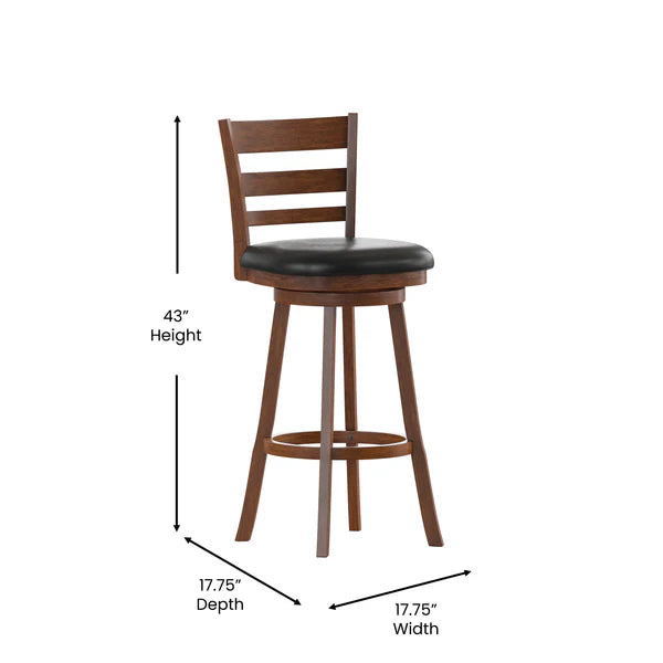 Commercial-grade wooden ladderback barstool with 360-degree swivel and black cushioned seat with dimensions