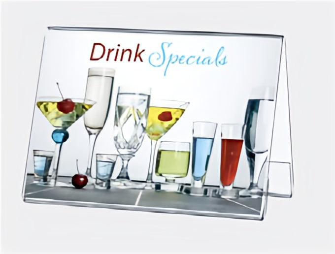 Promotional sign for drink specials with various cocktail glasses on a white background
