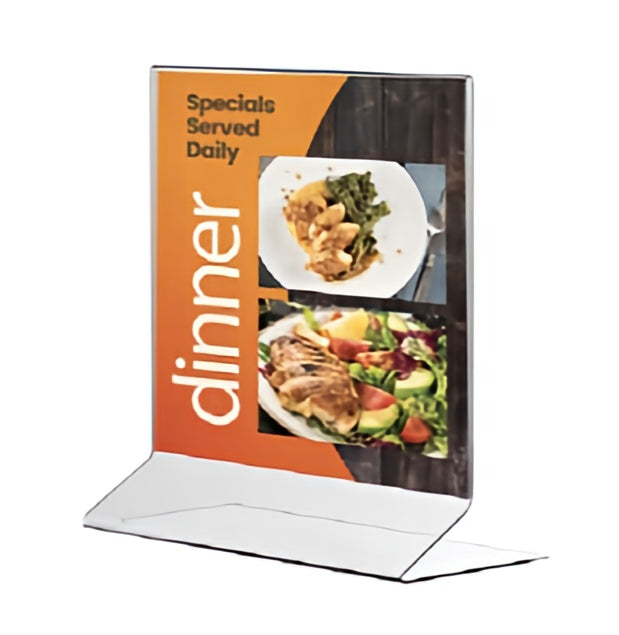 Acrylic menu holder with dinner specials display on a white background