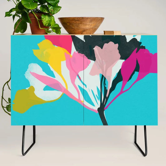 Alstroemeria 1 Condiment Bar by Garima Dhawan with black steel legs – abstract floral birch cabinet perfect for restaurant condiment storage, hotel breakfast areas, and café interiors