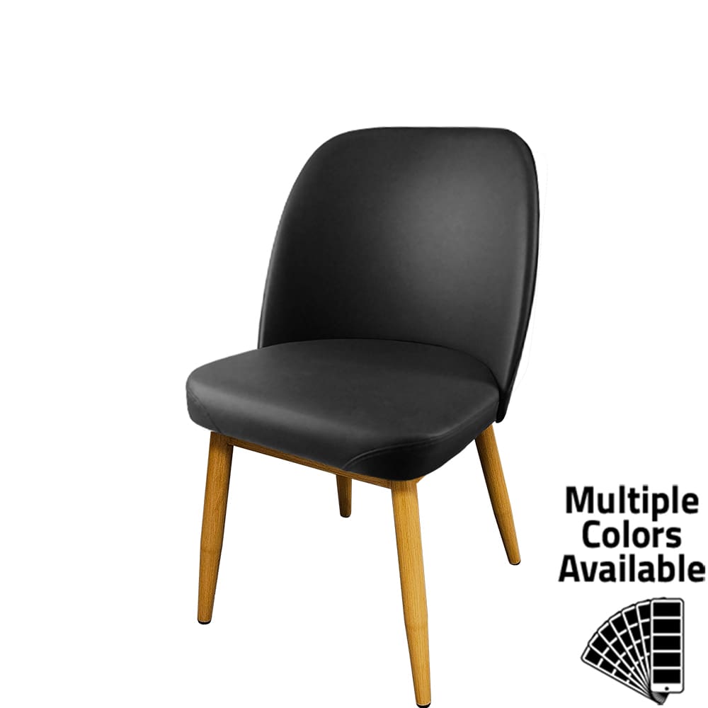 Amata restaurant chair with natural clear coat metal frame and black commercial vinyl seat – ideal indoor seating for restaurants, bars, and dining rooms.