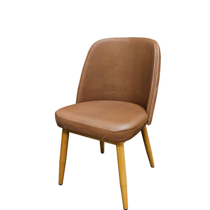 Amata dining chair featuring a natural clear coat frame with buckskin vinyl seat, designed for restaurants and hospitality venues seeking stylish, durable seating.