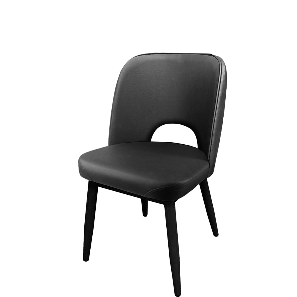 Amata restaurant chair with cutout bucket seat, black faux woodgrain metal frame, and black vinyl upholstery – durable indoor seating for restaurants and cafés.