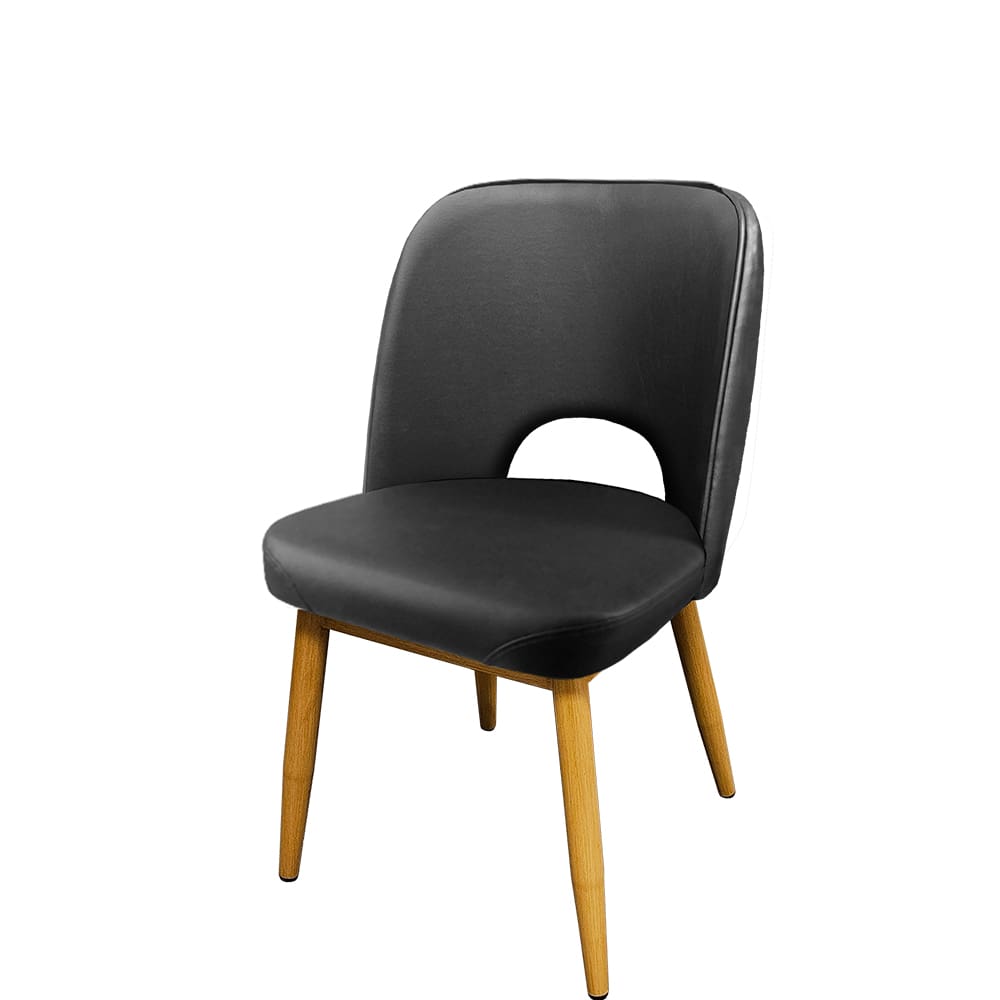 Amata restaurant chair with natural clear coat metal frame and black vinyl cutout seat – comfortable, durable seating for restaurant and café interiors.