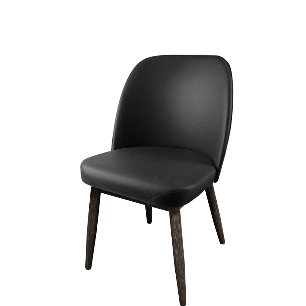 Amata restaurant chair with faux driftwood woodgrain metal frame and black commercial vinyl seat – durable indoor seating for restaurants and hospitality spaces.
