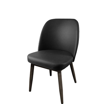 Amata restaurant chair with faux driftwood woodgrain metal frame and black commercial vinyl seat – durable indoor seating for restaurants and hospitality spaces.