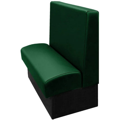 Modern vinyl upholstered restaurant booth in green with pillow-back design and black toe kick base.