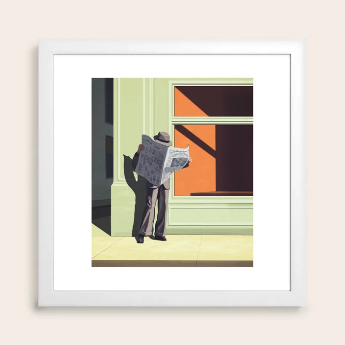 Anonymous Reader art print in white frame on café or coffee shop wall