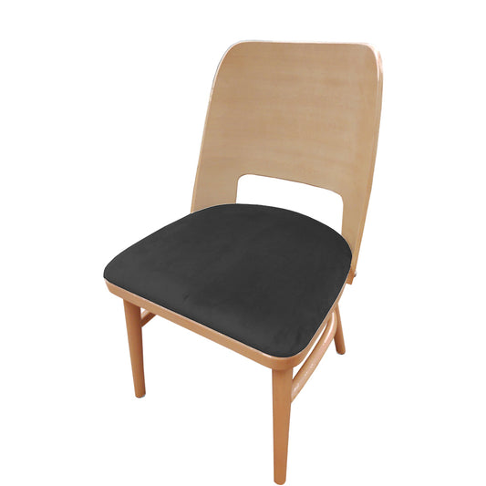Aurora chair with solid European beech wood frame in natural clear coat finish and black vinyl seat. Designed for commercial dining or café interiors. Ships fully assembled and built for durability.