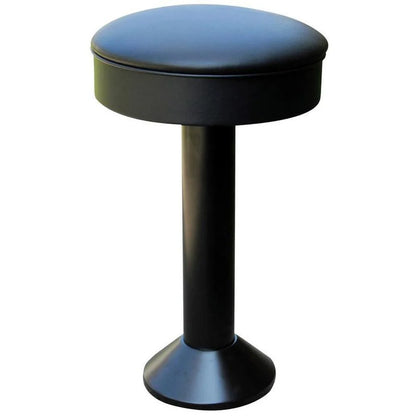 Front view of backless floor-mounted bar stool with black column and padded vinyl swivel seat for restaurant or bar seating.