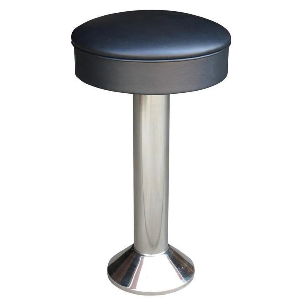 Front view of floor-mounted bar stool with chrome column and vinyl swivel seat, commercial-grade design for bars and cafés.