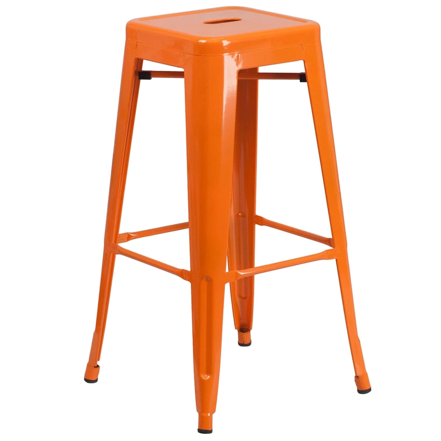 30-inch backless metal bar stool in orange with footrest and drain hole seat