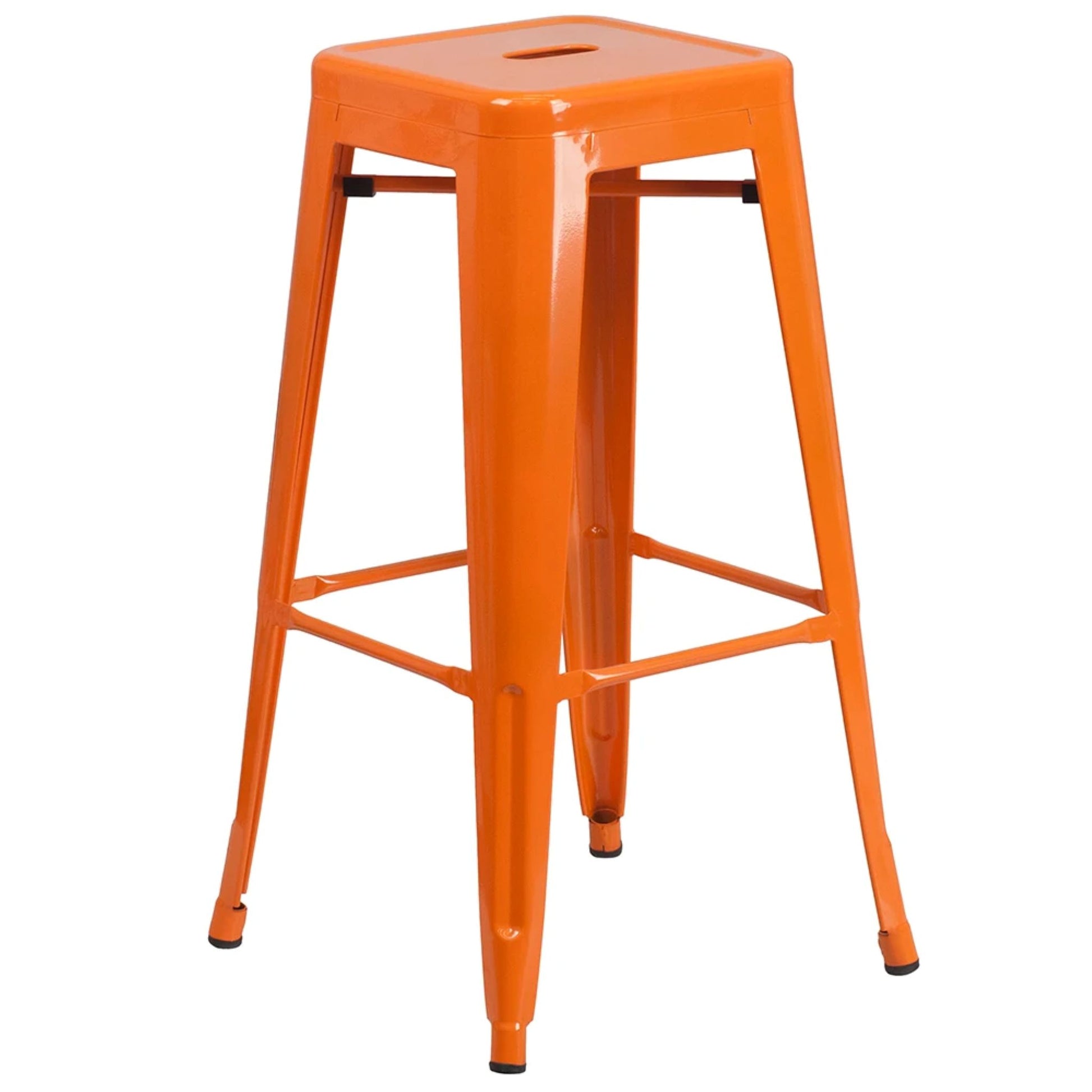 30-inch backless metal bar stool in orange with footrest and drain hole seat