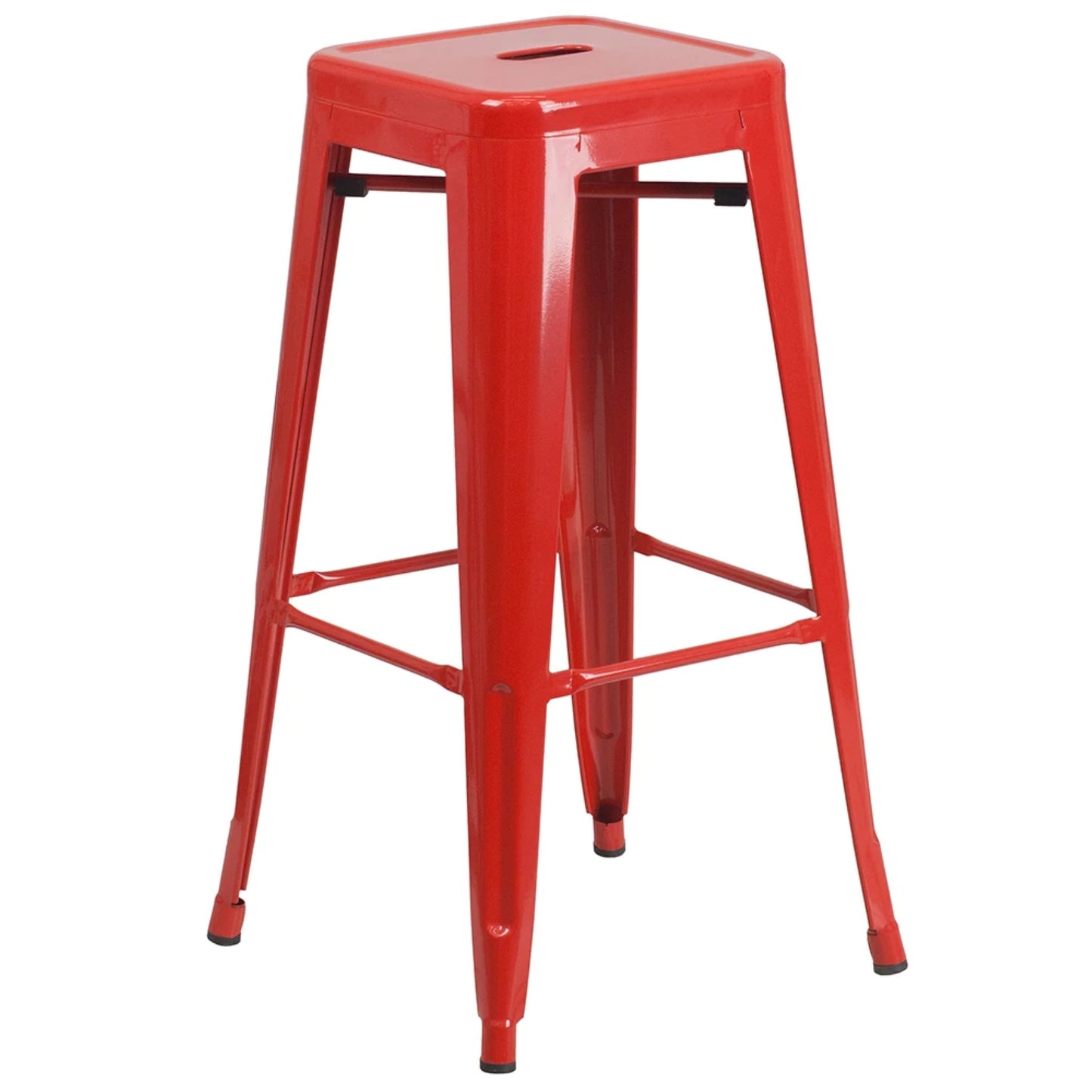 30-inch backless metal bar stool in red with footrest and drain hole seat