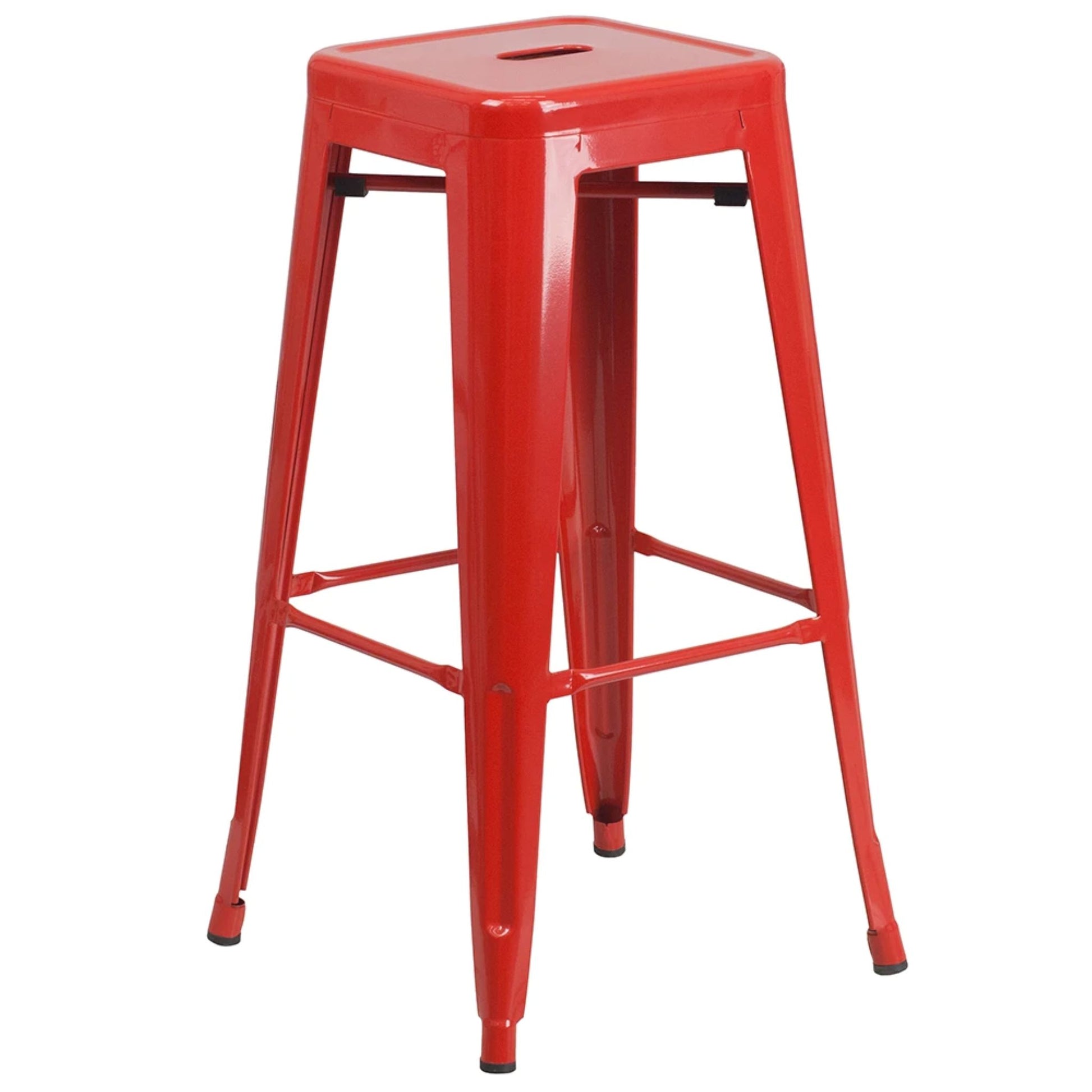 30-inch backless metal bar stool in red with footrest and drain hole seat