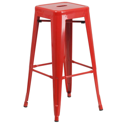 30-inch backless metal bar stool in red with footrest and drain hole seat
