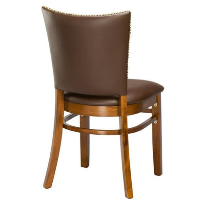 Rear view of the Beech Wood Dining Chair showing solid beech frame and brass nail head trim detail on the backrest. Custom wood stains and upholstery options available. Made in the USA.