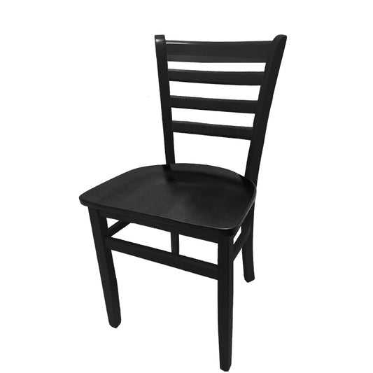 Beech wood side chair with black stain frame and matching black wood seat. Features durable solid beech wood construction, non-marring glides, and clean commercial styling.