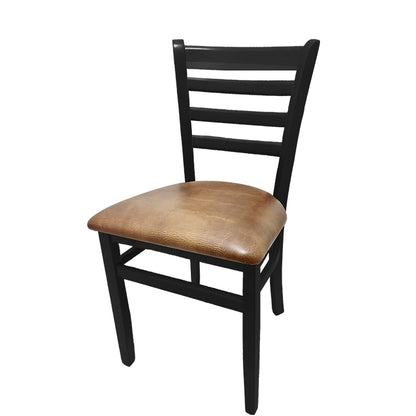 Beech wood side chair with black stained frame and buckskin vinyl seat. Features solid European beech wood construction and reinforced leg supports.