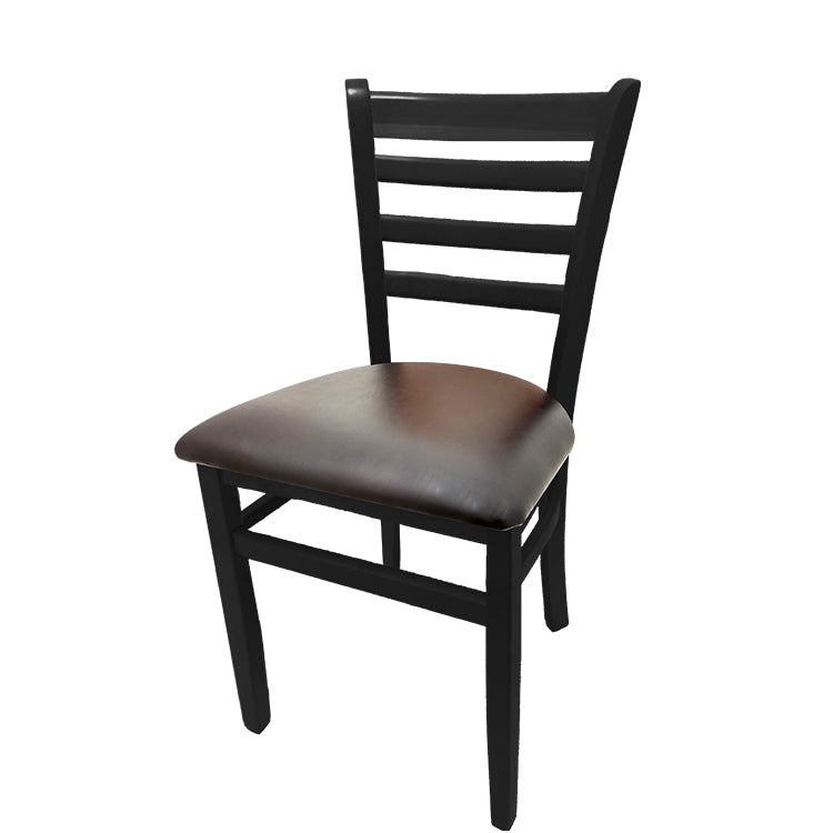 Beech wood side chair with black stained beech wood frame and espresso vinyl seat. Designed for indoor restaurant and dining room use.