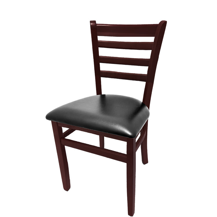 Beech wood side chair with mahogany stain frame and black vinyl seat. Made from solid European beech wood with reinforced leg supports and non-marring glides. Ships partially assembled.