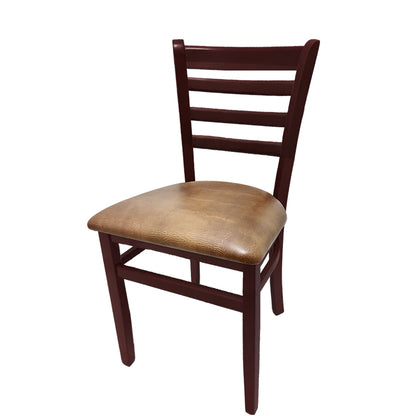 Beech wood side chair with mahogany stained frame and buckskin vinyl seat. Durable solid beech construction for commercial or residential interiors.
