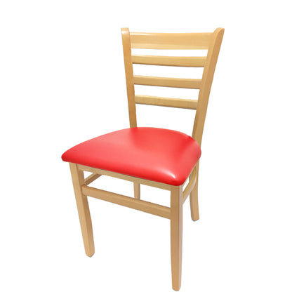 Beech wood side chair with natural clear coat frame and red vinyl seat. Features durable solid beech wood construction and protective poly glides.